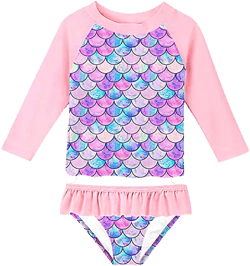 PENGXIANG Little Girls 2-Piece Swimsuit Set Long Sleeve Rash Guard Bathing Suit with UPF 50+ Sun Protection Girls, Long Sleeve Printed Rashguard and Swim Bottoms, Sizes 4-16 & Girls Plus