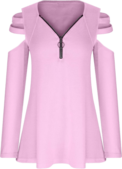 Women's Waffle Knit Tunic Tops Plus Size,Cold Shoulder Long Sleeve Loose Blouse Shirts Lightweight Sweater Pullover Pink Medium