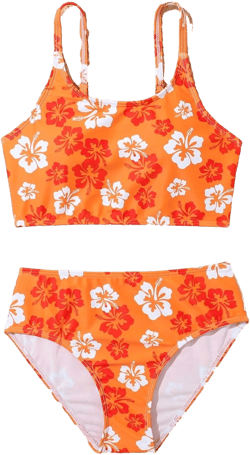 SOLY HUX Girl's 2 Piece Boho Swimsuit Floral Print Cami Top Bikini Set Swimwear 10 Years Orange