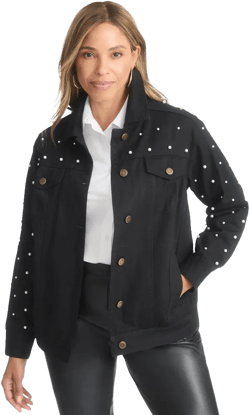 Jessica London Women's Plus Size Classic Cotton Denim Jacket - 36, Black Pearl Embellishment