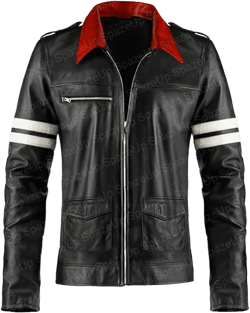 SpazeUp Men's Black Leather Gaming Jacket – Red Collar Video Game Cosplay Outfit for Halloween Small Black Real Leather Jacket