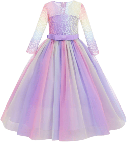 Rainbow Flower Girl Lace Dress for Kids Wedding Bridesmaid Pageant Party Prom Formal Ball Gown Princess Tulle Dresses 3-4T Colorful Purple