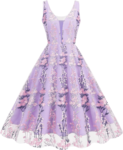 Double V Neck Floral Embroidery Dress for Women Plunging Neckline Sleeveless Flower Embroidered Dress Summer Fit and Flare A-line Tulle Dress Vintage Cocktail Wedding Guest Party Dress Purple XL