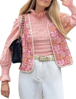 Yimoon Women's Cropped Puffer Vest Floral Print Lightweight Sleeveless Quilted Jacket Open Front Padded Gilet Outwear Large Pink