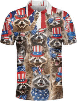 Polo Shirts for Men Golf Polos Mens Polo Shirts Short Sleeve Button Up Shirt Men 3X-Large Patriotic Racoon