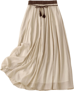 CHARTOU Women Summer Cotton Linen Midi Skirt Ruffle Swing A Line Skirt Layered Mid Long Boho Flowy Skirt Drawstring Medium Light Khaki