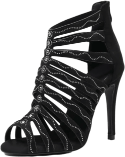 TINRYMX Women Ballroom Dance Boots Rhinestones Latin Salsa Ankle Booties Performance Party Dance Shoes High Heel, Model-QJW7273 6 Qjw7273-black-rubber Sole-3.33" Heel