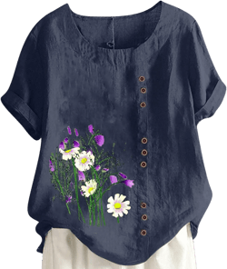 Crewneck Linen T Shirts for Juniors Summer Fall Short Sleeve Floral Loose Fit Long Plus Size Tops Shirts Women 2024 L-215 Navy X-Large