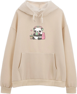 Cute Panda Graphic Oversized Hoodies for Teen Girls Kawaii Cartoon Sweatshirt Women Casual Cotton Fleece Pullover Large Apricot