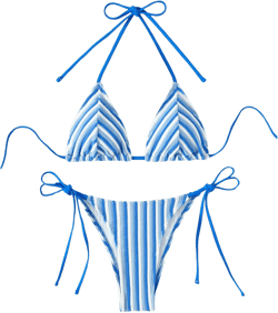 Women's 2 Piece Bikini Sets Halter Tie Side Triangle Swimsuit Striped Bathing Suit Small Blue