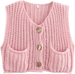 Women Crop Chunky Crochet Vest Tops Trendy Casual Sleeveless Knit Sweater Vest Cardigan with Pockets