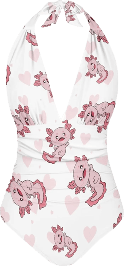 Animals Pattern Women Halter One-Piece Swimsuit, Deep V Neck Slimming Tummy Control Bathing Suits XX-Large Pink Heart Axolotl