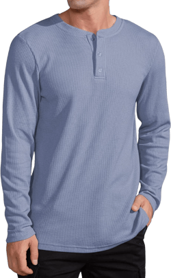 QUALFORT Men's Waffle Henley Shirt, Long Sleeve Cotton Blend Thermal Pullover Top X-Large Grey Blue