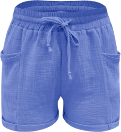 Linen Shorts for Women Casual Drawstring Elastic Waist Summer Shorts Wide Leg Lightweight Lounge Shorts with Pockets Small D#_blue