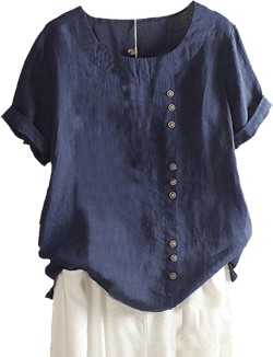 SCUSTY Oversized Crew Neck Linen Tops for Women Short Sleeve Cotton Blend Tee Shirts Navy Blue Small
