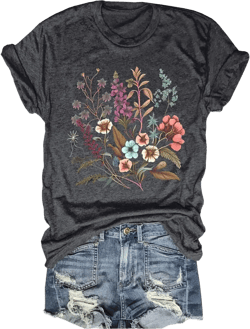 Women's Boho Flower T Shirt Vintage Flowers Printed Shirt Colorful Wildflower Graphic Tee Casual Botanical Short Sleeve Medium Dark Grey-2