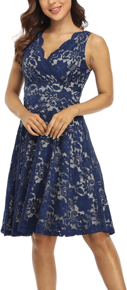 MISS MOLY Women's Floral Lace Overlay Fit and Flare Dress Sexy V-Neck Knee Length Elegant Party Wedding Dress XX-Large Blue and Beige