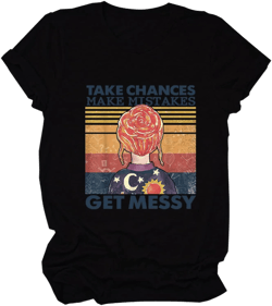 Women's Take Chances Make Mistakes Get Messy Shirt Casual Short Sleeve Crew Neck Tees Funny Letter Graphic Tops Shirt X-Large Black