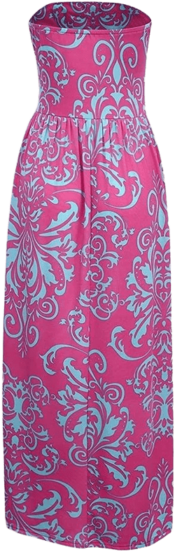 Women's Summer Boho Strapless Midi Dresses High Waist Vintage Floral Print Maxi Long Dress with Pockets Rose Pink S