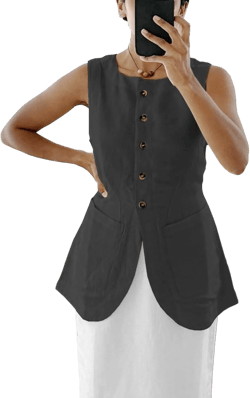 2025 Women's Summer Linen Vest Blazer Long Y2K Lightweight Fully-Lined Fashion Casual Jackets Tops Pockets