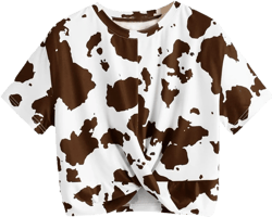 Milumia Women's Cow Print Twist Front Short Sleeve Crop Tank Top Tee Shirt Small Brown