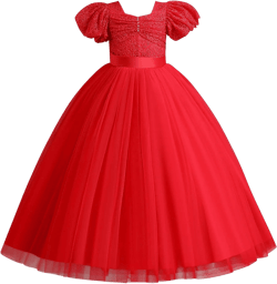 Flower Girl Tutu Dress Princess Short Puff Sleeve Maxi Floral Ruffle Long Pageant Wedding Formal Party Ball Gown 6-7 Years Red