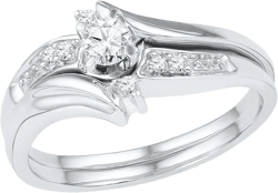 Solid 10k White Gold Round White Diamond Bridal Solitaire Engagement Ring with Curved Matching Wedding Band (1/5 cttw)