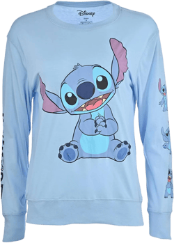 Ladies Lilo and Stitch Shirt - Ladies Classic Lilo and Stitch Long Sleeve Top with Sleeve Prints Large Blue