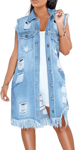 SOMTHRON Women's Distressed Ripped Sleeveless Mid Long Denim Jacket Button Up Jean Vest Cardigan Coats Waistcoat X-Large L-blue