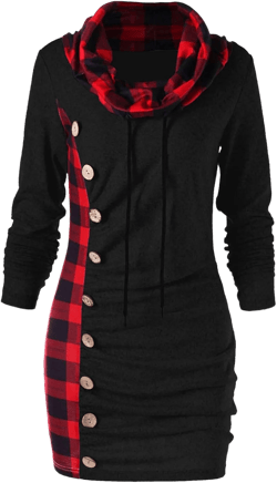 Women's Button Hoodie Sweatshirt Tunic Dress Pullover Cowl Neck Plaid Drawstring Tops(S-5XL) 3X-Large E-black