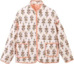 Women's Cropped Puffer Quilted Jacket Floral Print Lightweight Long Sleeve Open Front Trendy Warm Cardigan Coat Outwear Beige Large