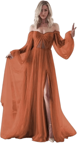 Puffy Sleeve Prom Dress for Women Tulle Wedding Dress Long Princess Formal Evening Gowns with Split PS513 24 Plus Rust