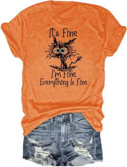 Women's I'm Fine Everything is Fine T-Shirts Short Sleeve Sayings Loose Fit Casual Cute Cat Graphic Tee Blouse Tops Small 00 Orange