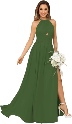 Halter Neck Bridesmaid Dresses for Women Long Flowy Chiffon Formal Dress with Slit LN13 22 Plus Olive_green