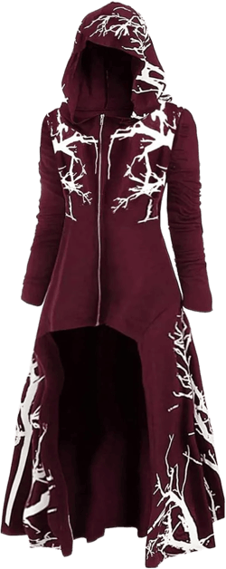 Women's Gothic Cloak with Hood Printed Long Sleeve Jacket Cloak Irregular Hem Halloween Party Dress Cosplay Coustume Wine Red 16