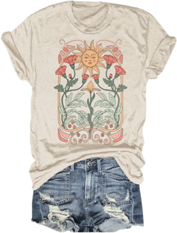 Women's Boho Floral T Shirt Summer Casual Art Nouveau Wildflowers Vintage Flowers Nature Graphic Tees Tops Beige XX-Large