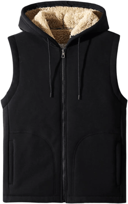 Mens Fleece Sherpa Lined Hooded Jacket Vest Casual Heavyweight Zip Up Sleeveless Hoodies Winter Warm Cotton Outwear Black X-Large