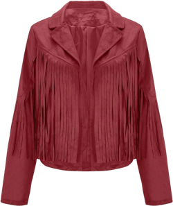 Women Trendy Tassel Coat Fringe Jacket Faux Suede Leather Cowboy Style Coat Long Sleeve Lapel Tunic Blazer Crop Tops, red