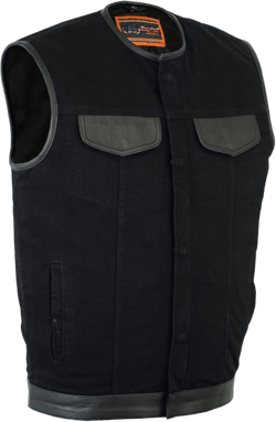 Daniel Smart Men’s Vest Unique black denim vest men with Leather Detailing Motorcycle Vest with Concealment Carry Pocket