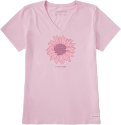 Life is Good Women's Crusher Tee, Short Sleeve Cotton Graphic T-Shirts, French Sunflower Small Seashell Pink
