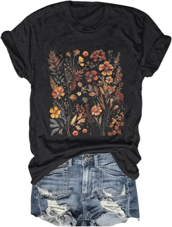 Vintage Wildflowers Graphic Shirt Women's Casual Holiday Short Sleeved T-Shirt Boho Floral Printed Tee Fall Tops