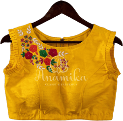 Yellow sleeveless blouse with multi color thread work