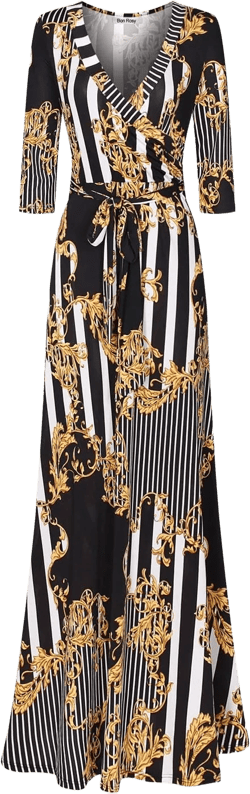 Women's Super Stretchy Maxi Party Dress Spring Floral Print Faux Wrap 3/4 Sleeve V-Neck