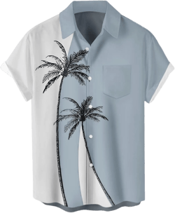 Men's Short Sleeve Button Up Hawaiian Shirt 1950s Vintage Bowling Shirts Large Hawaiian-grey and White