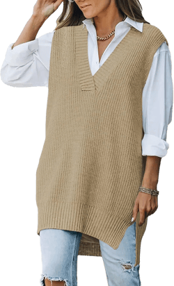 HUUSA Women's V Neck Sleeveless Oversized Sweater Vest Casual Plaid Cable Slit Preppy Pullover Knit Tunic Sweaters Tank Tops