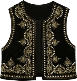 Seyumixi Women Vintage Embroidered Floral Vest Y2k Sleeveless Open Front Floral Cardigan Vests Gilet Linen Streetwear Large Velet Sequins Black