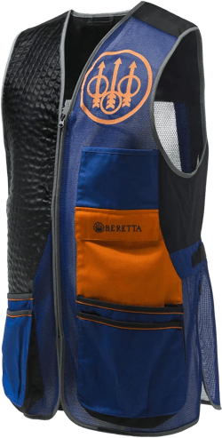 Beretta Men's Sporting EVO Vest - Breathable Mesh Full Zip Shooting Vest w/ Eco Leather Shooting Patch & Double Front Pockets Medium Blue Beretta/Black/Orange