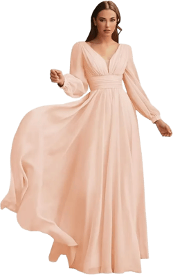 PFTFB Women's Sexy Blush Pink Chiffon Bridesmaid Dresses with Pockes A Line V Neck Formal Dresses with Pleats Long Sleeve Party Dresses Size 14 : Clothing, Shoes & Jewelry