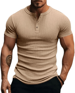 Mens Henley Shirt Muscle Polo Shirts for Men Short Sleeve Ribbed Golf Tees Slim Fit Stretch T Shirt X-Large 1#khaki