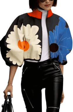 TIAFORD Women's Fall Spring Polka Dot Floral Cropped Coat Lightweight Stand Collar Puff Sleeve Fashion Trendy Outfits Jacket 1 X-Large